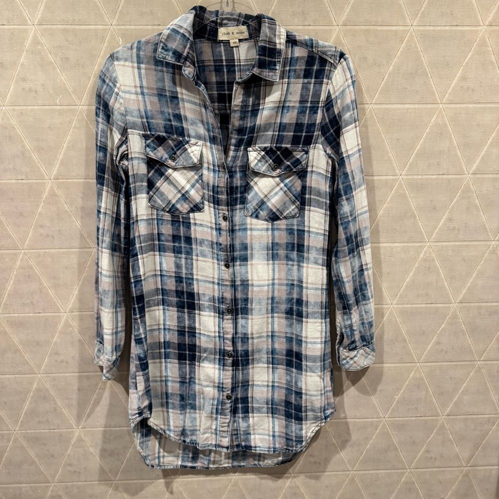 Cloth & Stone Plaid Button Down Tunic Dress Top XS